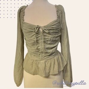 Celebrity Pink Top Ruched Tie-Front Long Sleeve Peplum Desert Sage green Small